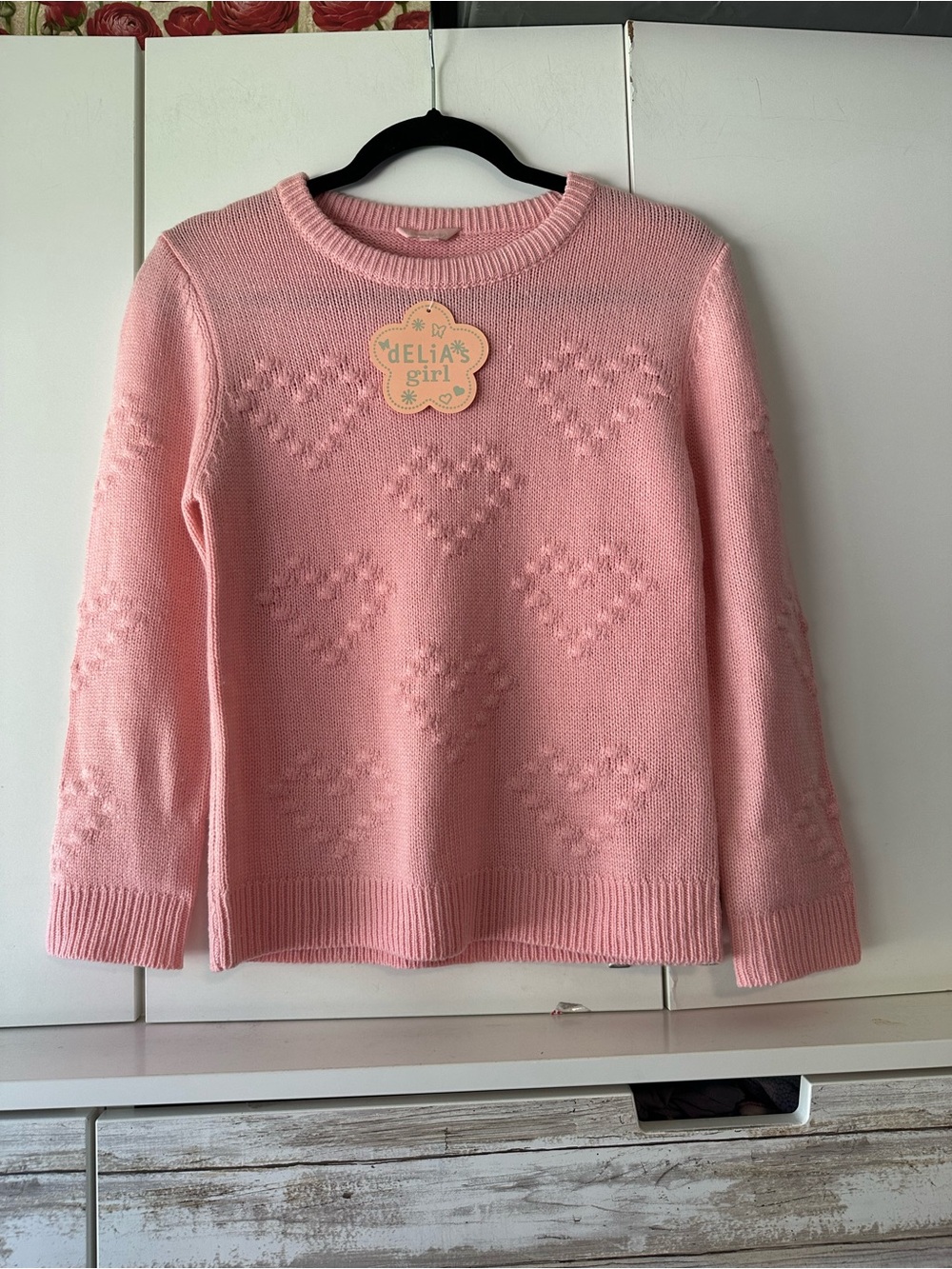 🩷 NWT dELiA*s Girl Pink Heart Knit Sweater Girls 10/12 Y2K